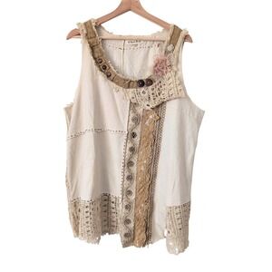 A Rare Bird Linen Cotton Embellished Tank Top Blouse L/XL Beige Boho Art Whimsy